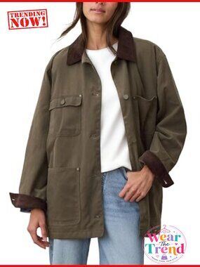 Oversized Cotton Utility Barn Jacket Corduroy Collar Coat